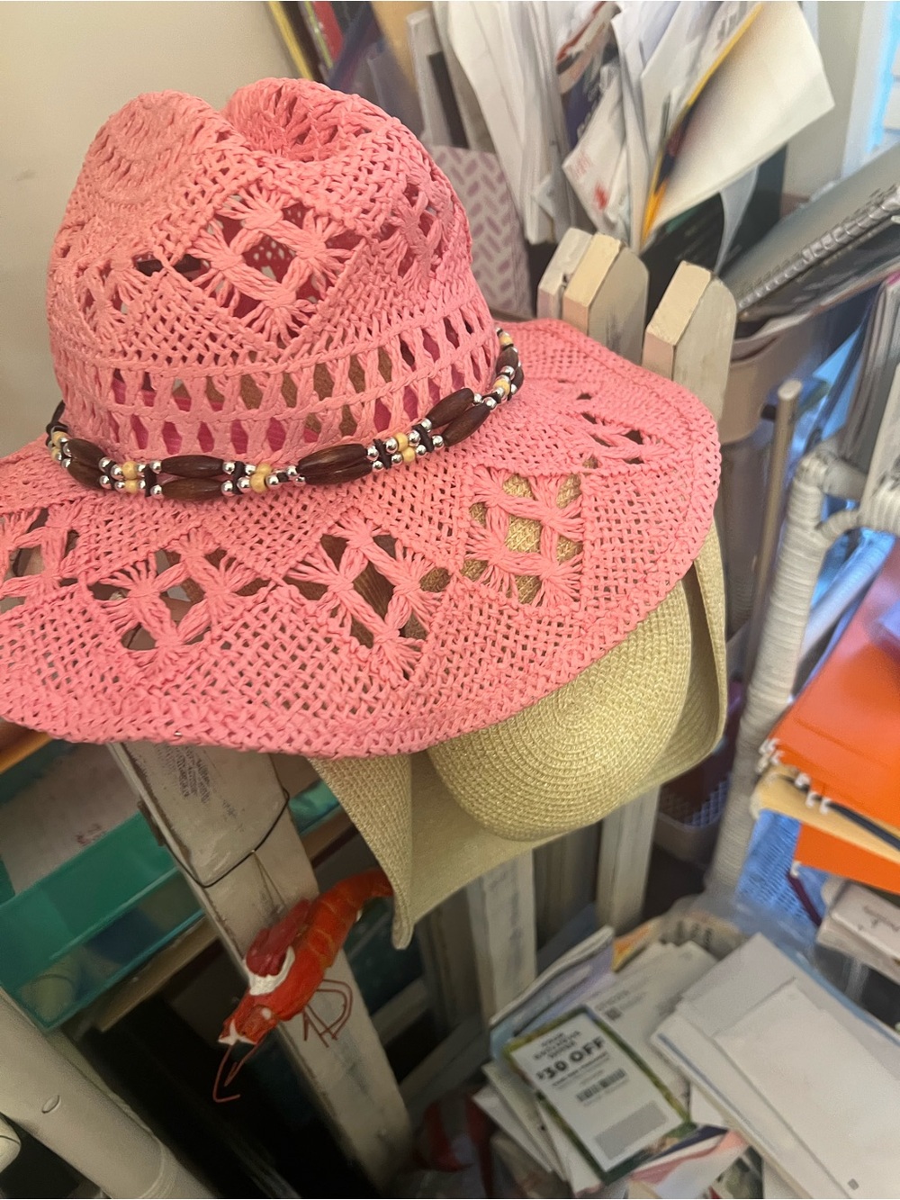 Straw Sun Hat with Beaded Band - Pink